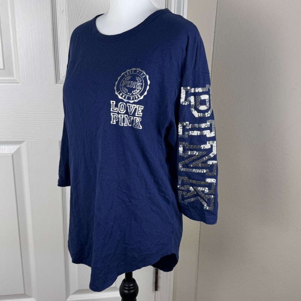 PiNK Victoria’s Secret Oversized Navy Sequins Bling Love Pink Graphic Tee Shirt